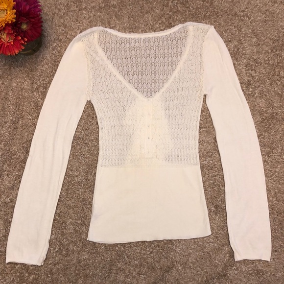 Free People thin crochet deep V Neck w/ Ruffle Sweater - Picture 3 of 7